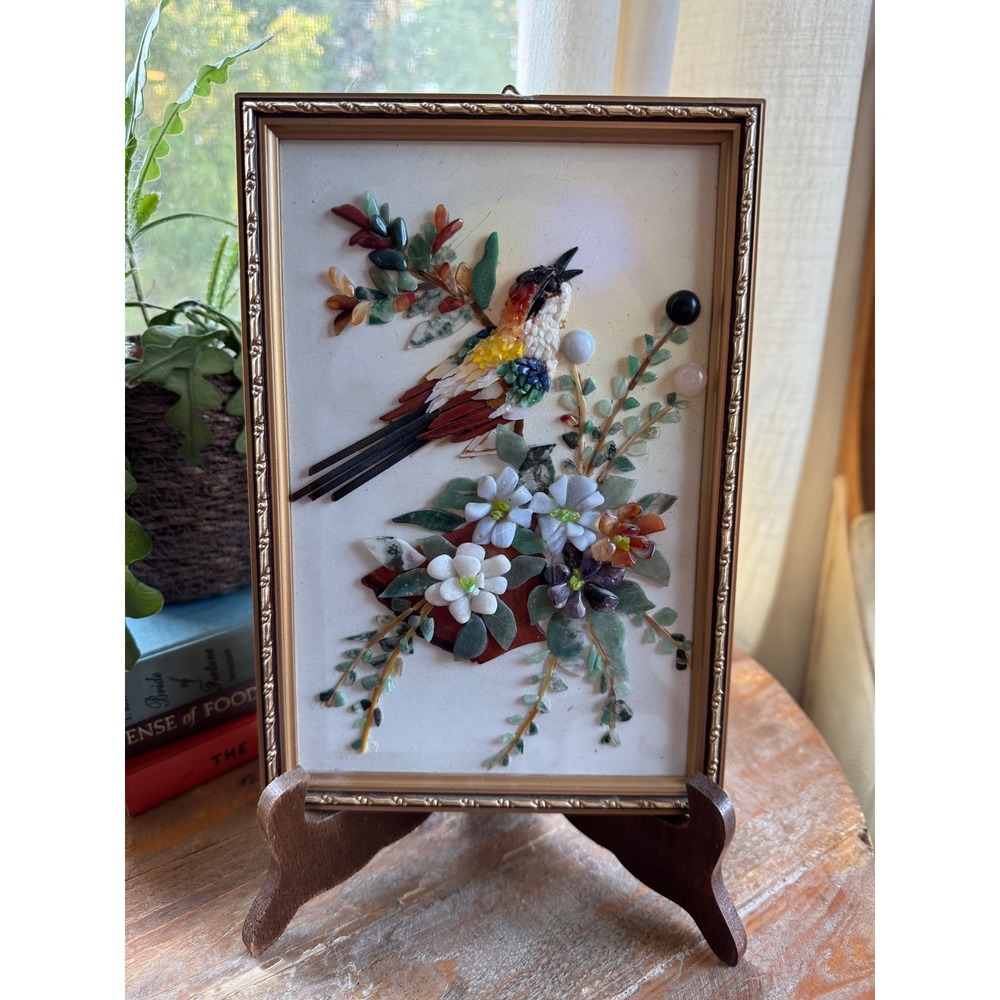 Mid Century Framed 3D Gemstone Shell Art Bird Floral Mosaic